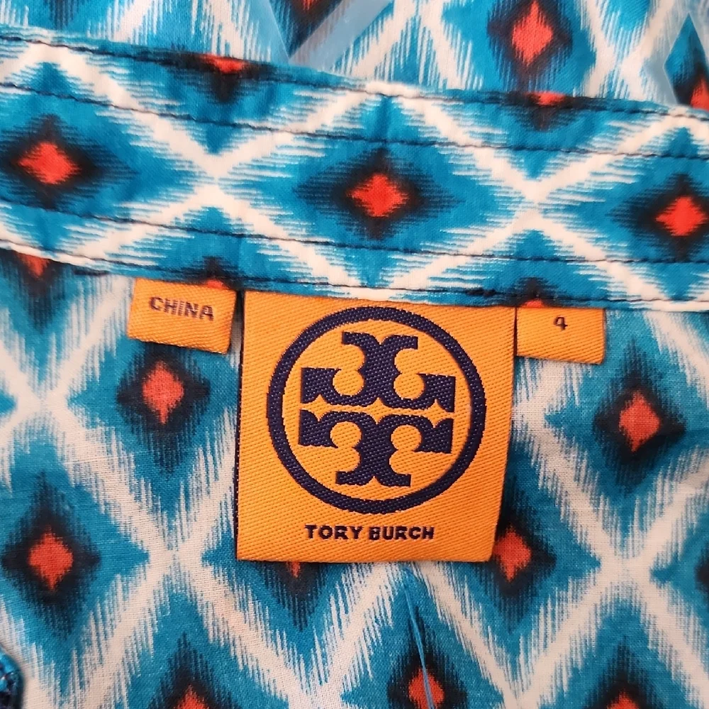 Tory Burch Blue Ikat Geometric Diamond Tunic Top-Mirrored Accents Size 4
